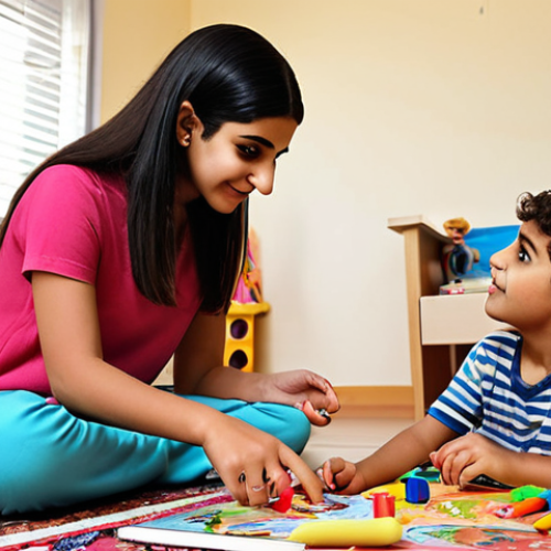 **

A child psychologist empathetically engaging with a young Arab child in a therapy session. The setting is a comfortable, child-friendly room filled with toys and art supplies. The focus should be on the therapist building trust and understanding the child's world. Include elements that reflect Arab culture subtly in the room decor.

**