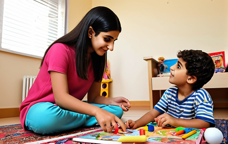 **

A child psychologist empathetically engaging with a young Arab child in a therapy session. The setting is a comfortable, child-friendly room filled with toys and art supplies. The focus should be on the therapist building trust and understanding the child's world. Include elements that reflect Arab culture subtly in the room decor.

**