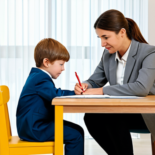 A compassionate female psychologist in a modest business suit, gently leaning in to listen to a child who is drawing quietly at a small, child-sized table. The setting is a brightly lit, calm, and welcoming child therapy room with soft, muted colors and comfortable furniture. The child is fully clothed in age-appropriate, modest attire, engaged in their activity. The scene emphasizes trust, understanding, and emotional support. Professional photography, high quality, perfect anatomy, correct proportions, natural pose, well-formed hands, proper finger count, natural body proportions, safe for work, appropriate content, fully clothed, professional, family-friendly.