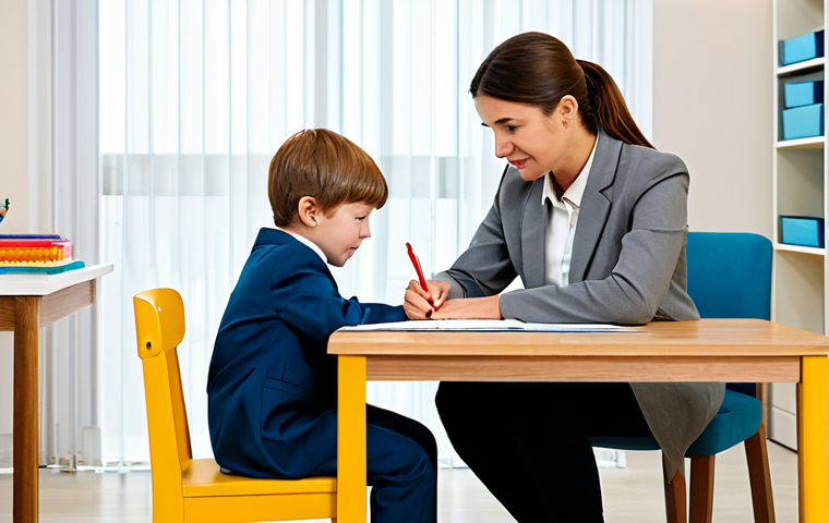 A compassionate female psychologist in a modest business suit, gently leaning in to listen to a child who is drawing quietly at a small, child-sized table. The setting is a brightly lit, calm, and welcoming child therapy room with soft, muted colors and comfortable furniture. The child is fully clothed in age-appropriate, modest attire, engaged in their activity. The scene emphasizes trust, understanding, and emotional support. Professional photography, high quality, perfect anatomy, correct proportions, natural pose, well-formed hands, proper finger count, natural body proportions, safe for work, appropriate content, fully clothed, professional, family-friendly.