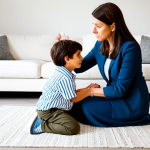 A professional, fully clothed mother, wearing modest business casual attire, gently kneels to make eye contact with her young child (4-6 years old), who is also fully clothed in modest play clothes. The child looks a bit pensive or sad, and the mother's expression conveys calm understanding and empathy. They are in a warm, brightly lit living room with soft, natural light, symbolizing a supportive and nurturing home environment. The image emphasizes a strong parent-child bond and emotional understanding. safe for work, appropriate content, perfect anatomy, correct proportions, natural pose, well-formed hands, proper finger count, natural body proportions, professional photography, high quality, family-friendly.