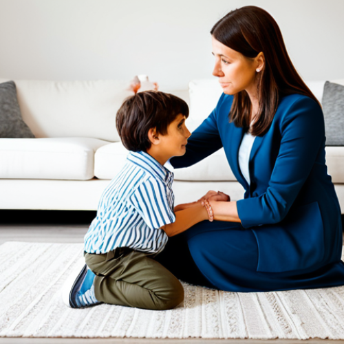 A professional, fully clothed mother, wearing modest business casual attire, gently kneels to make eye contact with her young child (4-6 years old), who is also fully clothed in modest play clothes. The child looks a bit pensive or sad, and the mother's expression conveys calm understanding and empathy. They are in a warm, brightly lit living room with soft, natural light, symbolizing a supportive and nurturing home environment. The image emphasizes a strong parent-child bond and emotional understanding. safe for work, appropriate content, perfect anatomy, correct proportions, natural pose, well-formed hands, proper finger count, natural body proportions, professional photography, high quality, family-friendly.