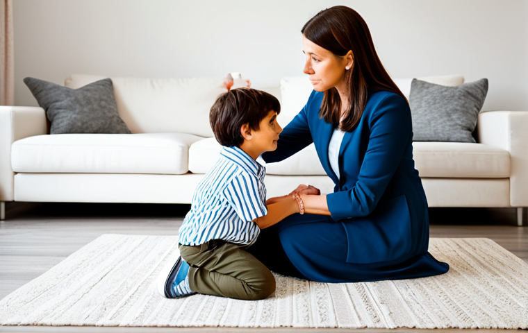 A professional, fully clothed mother, wearing modest business casual attire, gently kneels to make eye contact with her young child (4-6 years old), who is also fully clothed in modest play clothes. The child looks a bit pensive or sad, and the mother's expression conveys calm understanding and empathy. They are in a warm, brightly lit living room with soft, natural light, symbolizing a supportive and nurturing home environment. The image emphasizes a strong parent-child bond and emotional understanding. safe for work, appropriate content, perfect anatomy, correct proportions, natural pose, well-formed hands, proper finger count, natural body proportions, professional photography, high quality, family-friendly.
