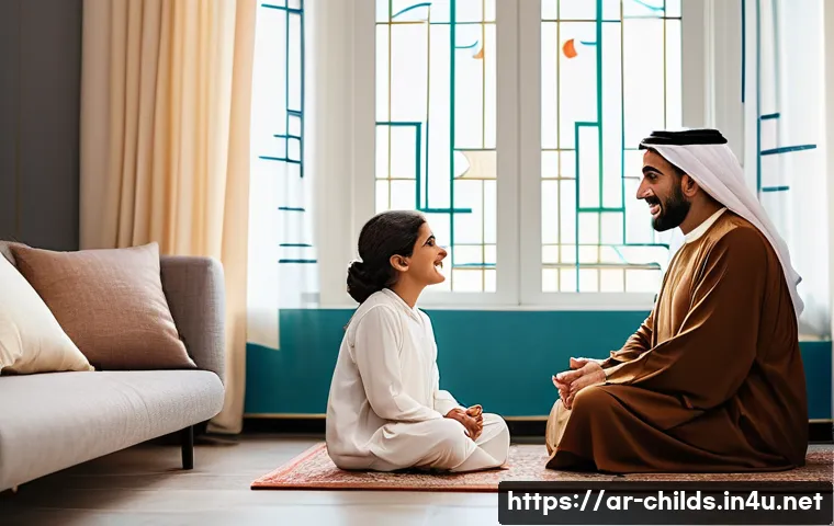 아동심리상담과 부모교육 연계 사례 - A warm and intimate family scene in a modern Middle Eastern living room, featuring an Arab mother an...