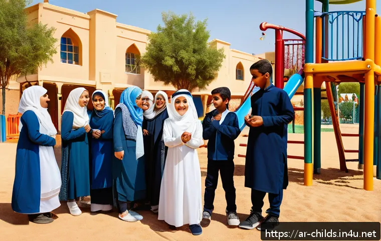 아동심리상담과 놀이치료 - A diverse group of Arab children wearing modest, culturally appropriate clothing and playing coopera...