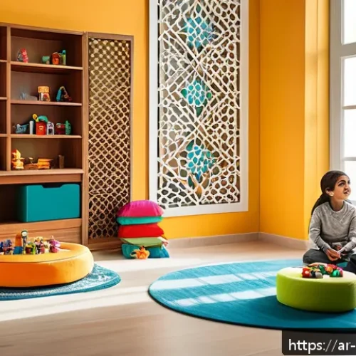아동심리상담사의 필수 도구 - A warm and inviting therapy room designed for expressive play sessions with Arab children, featuring...
