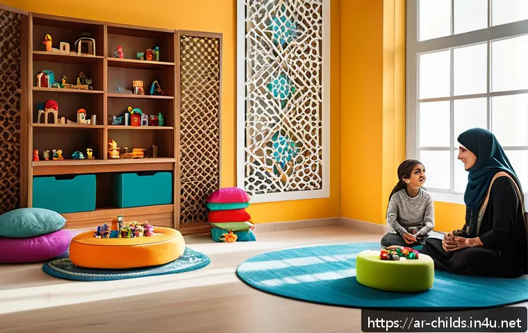 아동심리상담사의 필수 도구 - A warm and inviting therapy room designed for expressive play sessions with Arab children, featuring...