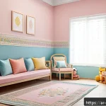 아동심리상담사의 자기개발 추천 강좌 - A warm and inviting therapy room designed for Arabic-speaking children, featuring soft pastel colors...