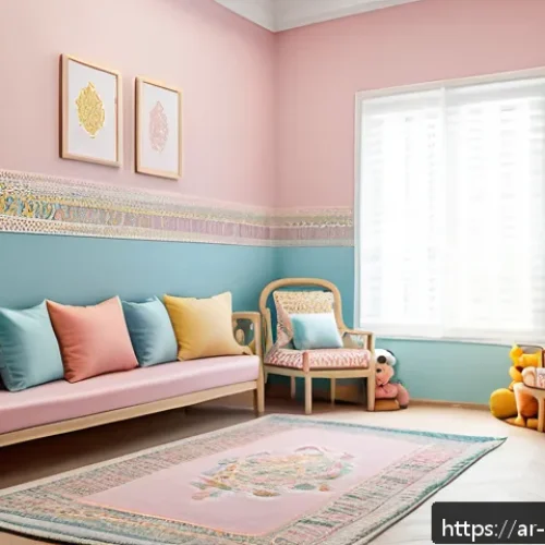 아동심리상담사의 자기개발 추천 강좌 - A warm and inviting therapy room designed for Arabic-speaking children, featuring soft pastel colors...