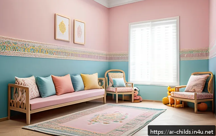아동심리상담사의 자기개발 추천 강좌 - A warm and inviting therapy room designed for Arabic-speaking children, featuring soft pastel colors...
