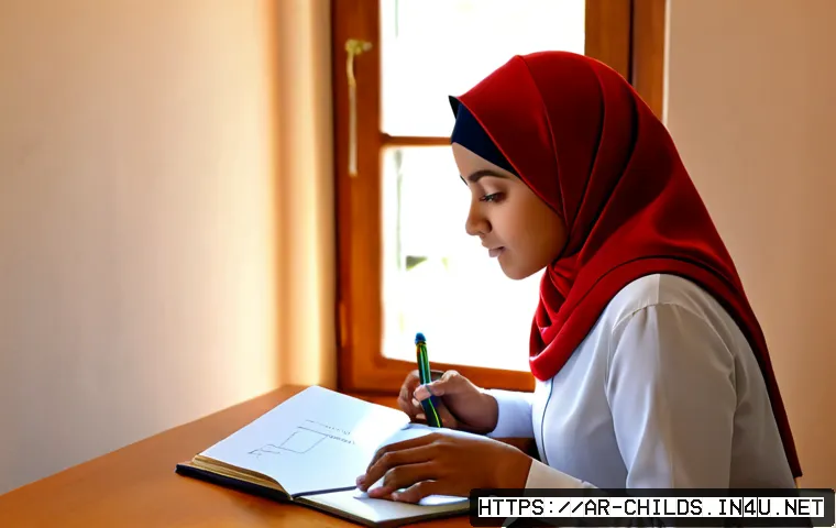 아동심리상담사 시험 준비 꿀팁 - Photorealistic study scene for child psychology counselor exam preparation, Arab woman in modest pro...